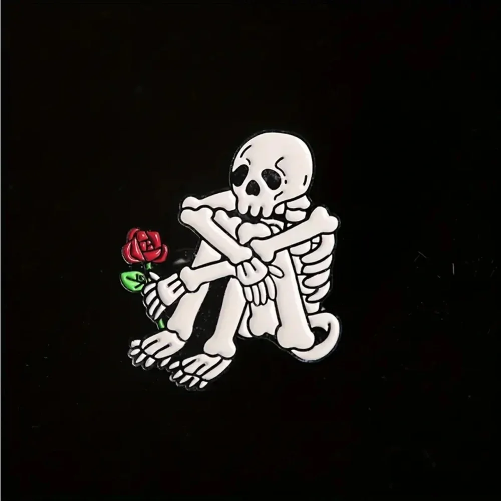 White Skeleton Shape With Rose‎ Brooch Pin Style Anime Pin Clothing Decor